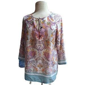 Rose & Thyme Boho Blouse 3/4 Sleeve Paisley Floral Tunic Top Women's Size M